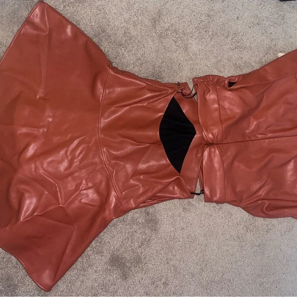 A.L.C Lexi orange or brown vegan leather v neck cutout mini dress - Picture 12 of 12